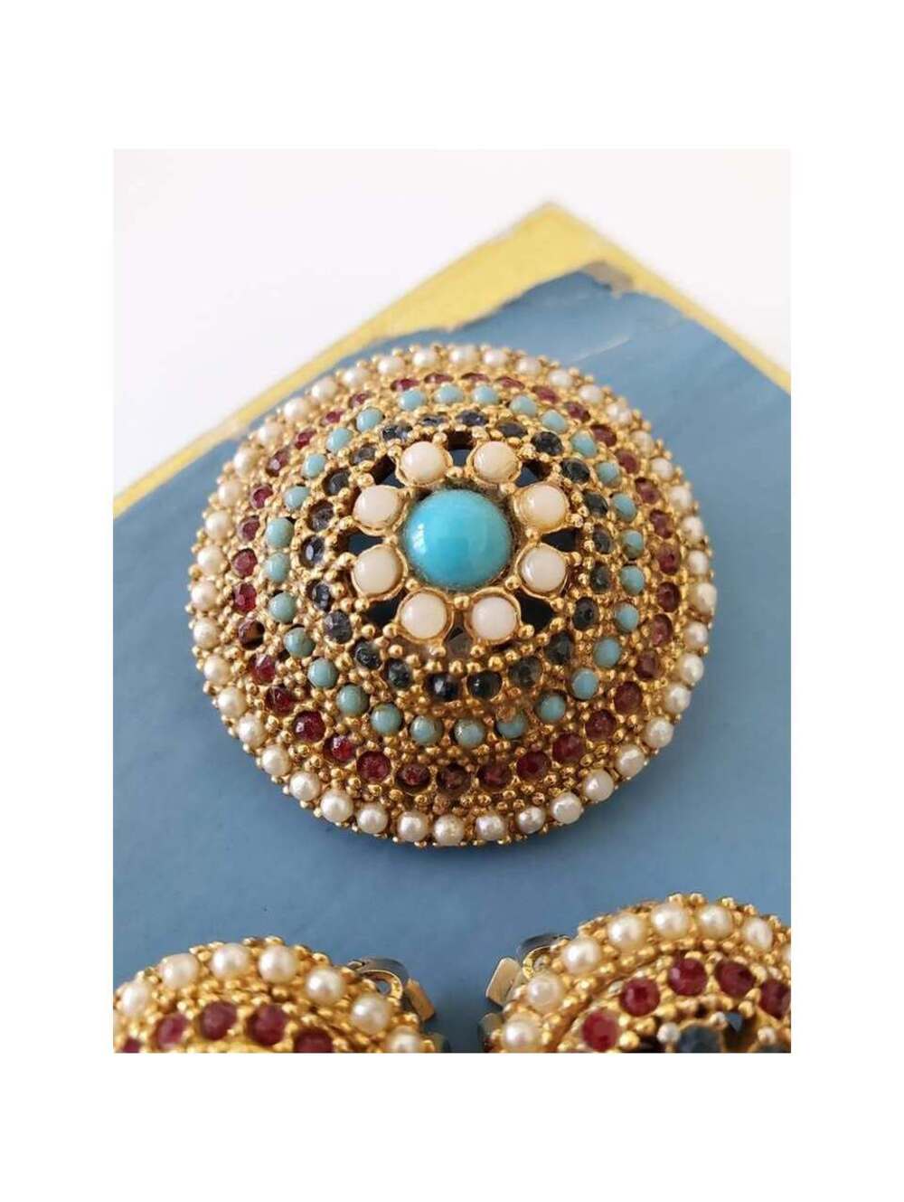 Vintage Art Designer Multicolor and Faux Pearl Dome Brooch & Clip On Earring Set - Picture 3 of 8